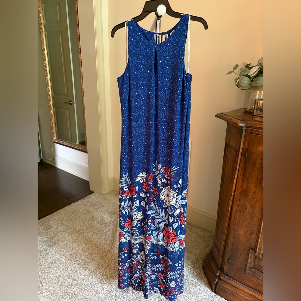 Tommy Bahama Womens Geo Garden Carmela Jersey Maxi Dress Island Navy Blue L NWT